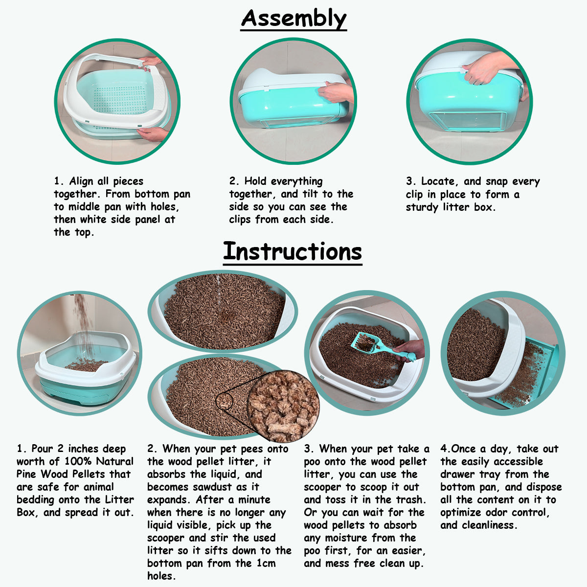 Pine Pellet Litter Box - Instruction and assembly guide - Turquoise